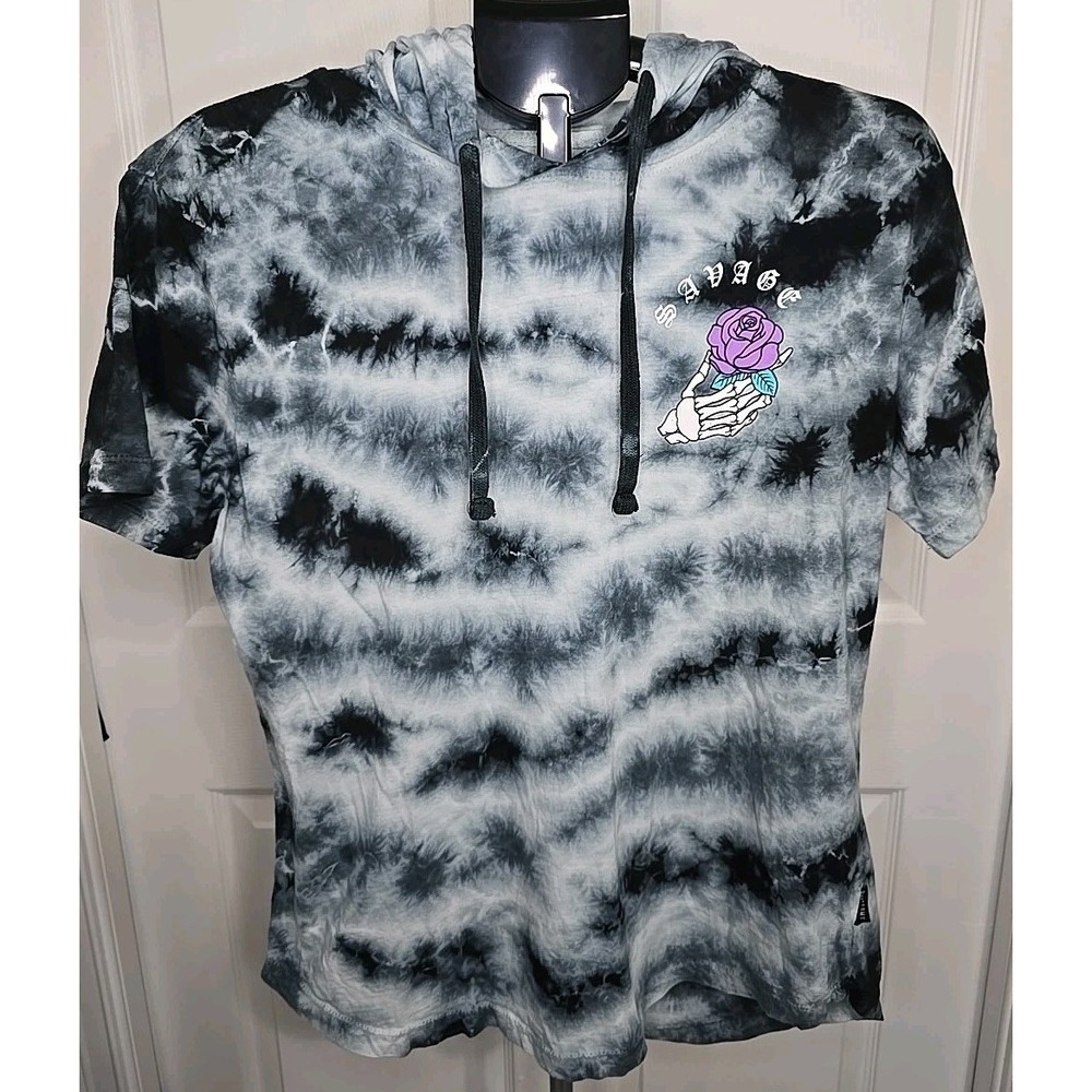 Dikotomy Medium Hooded Short Sleeve Shirt~Savage~ Skeleton Hand & Purple‎ Rose